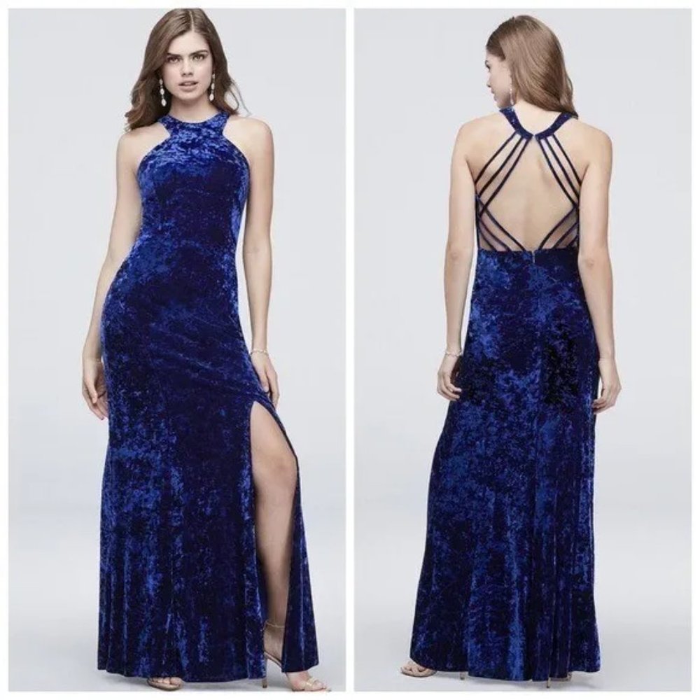 High neck blue crushed velvet maxi backless dress size 1/2 and Fur faux coat S